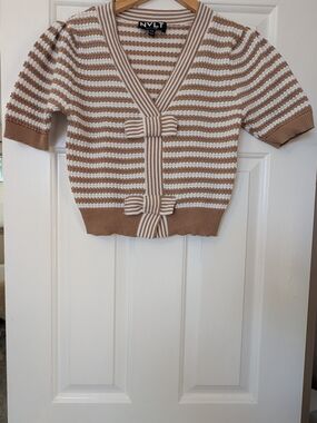 NVLT Beige and White Striped V‑Neck Bow Detail Sweater